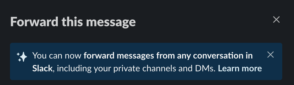 Screenshot of Slack saying you can now forward DMs Screenshot of Slack saying you can now forward DMs