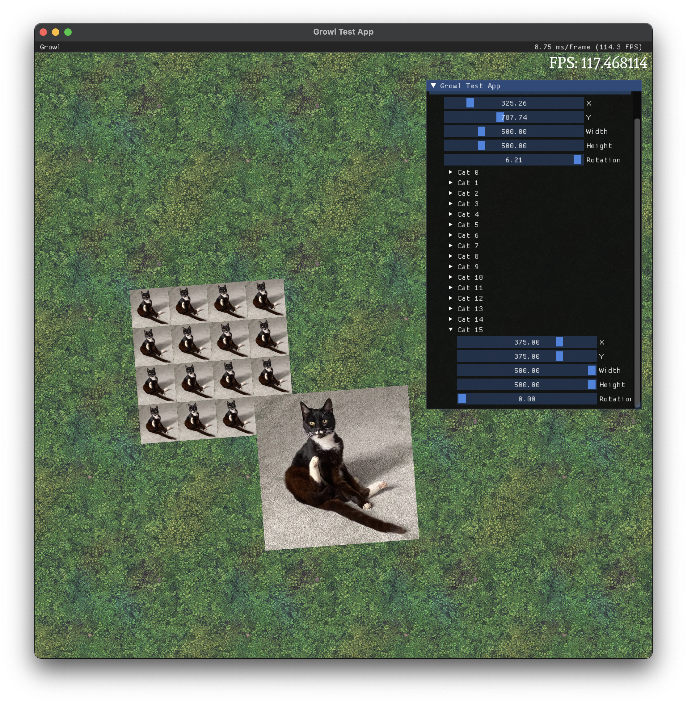 A screenshot of Growl's debug UI with a different cat