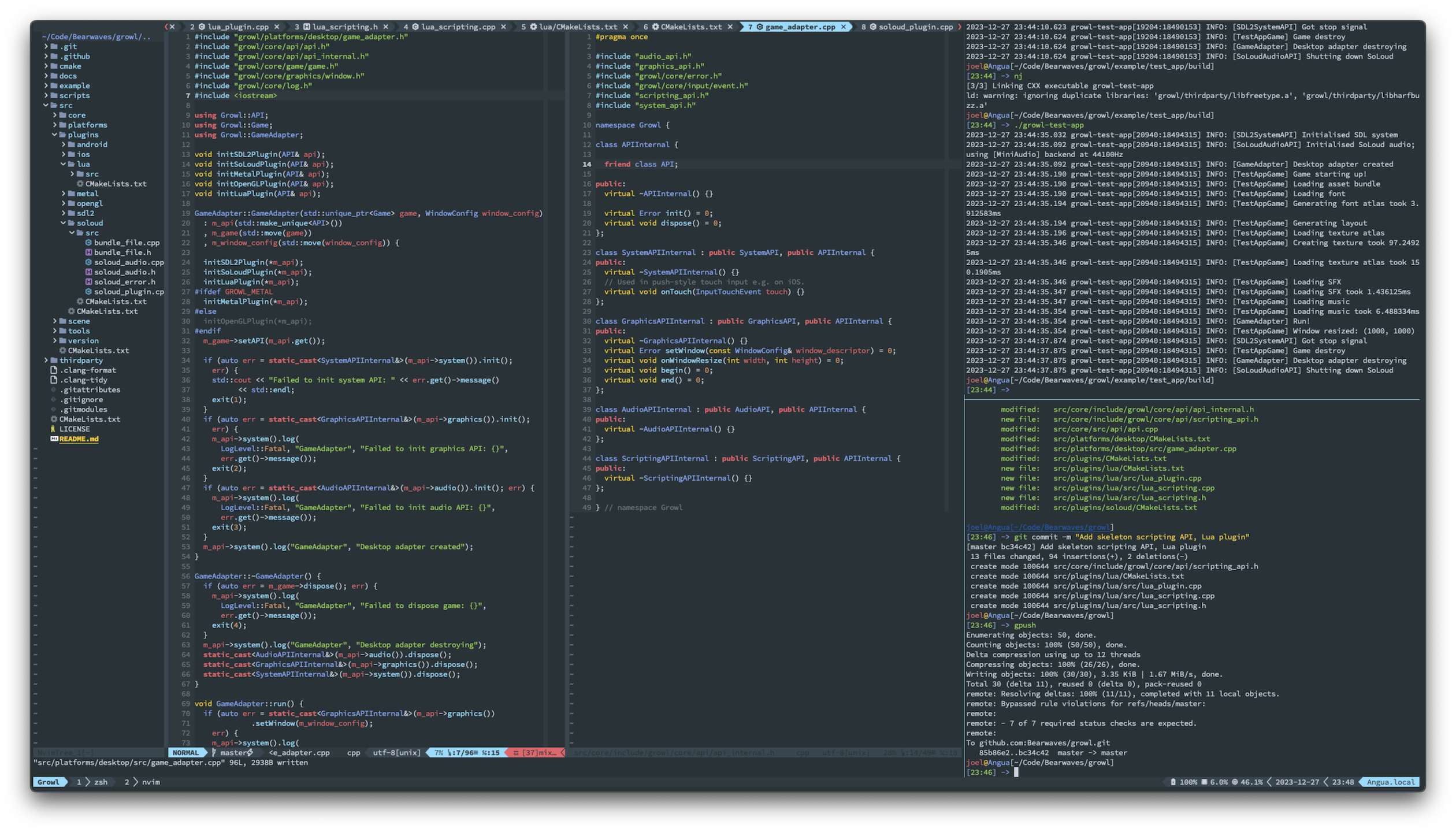 A screenshot of my Vim setup. There are two panes of code with a sidebar showing a file explorer, along with two other tmux panes.