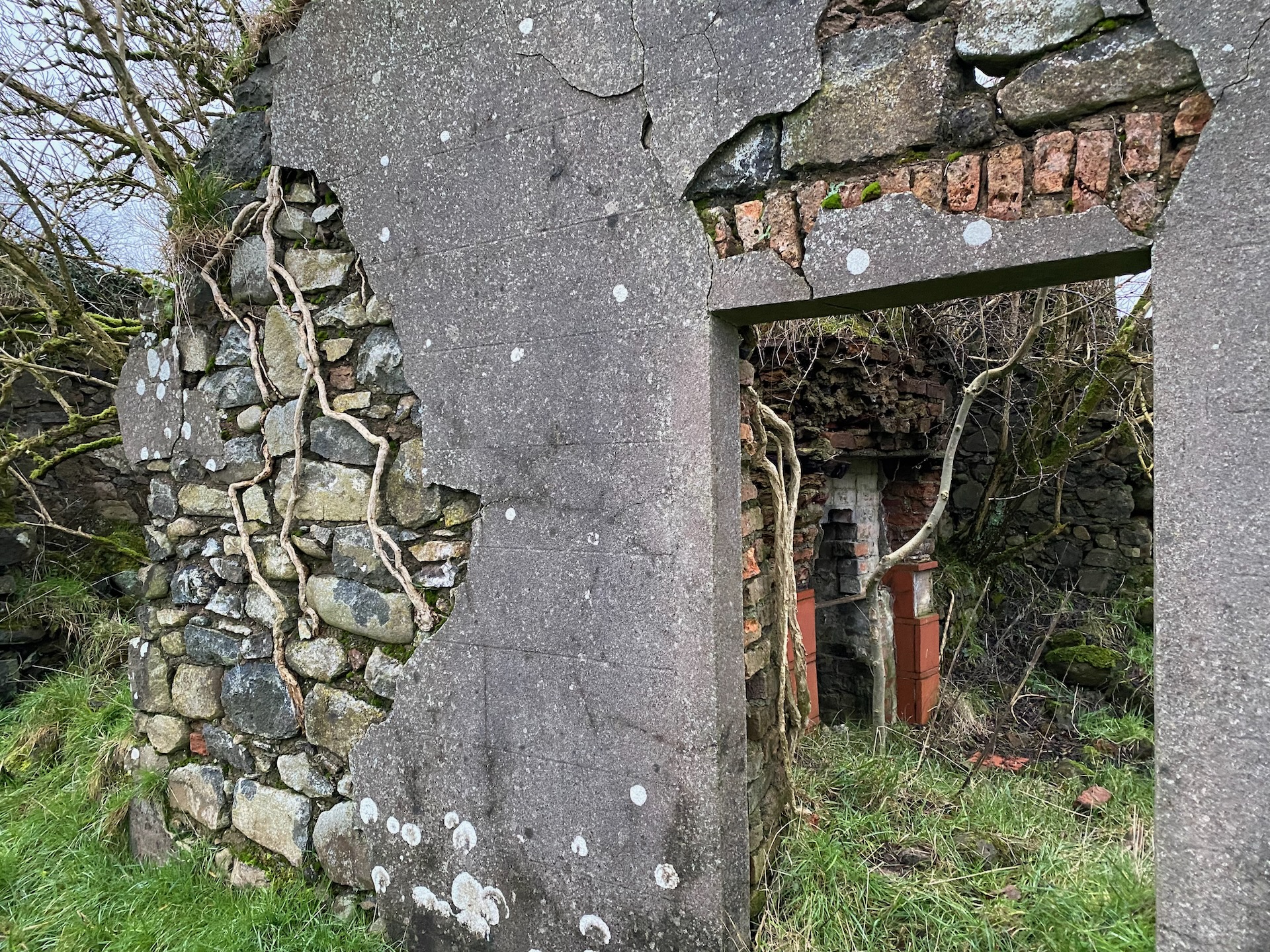 The doorway of a ruined house. You can see the old fireplace through the door.