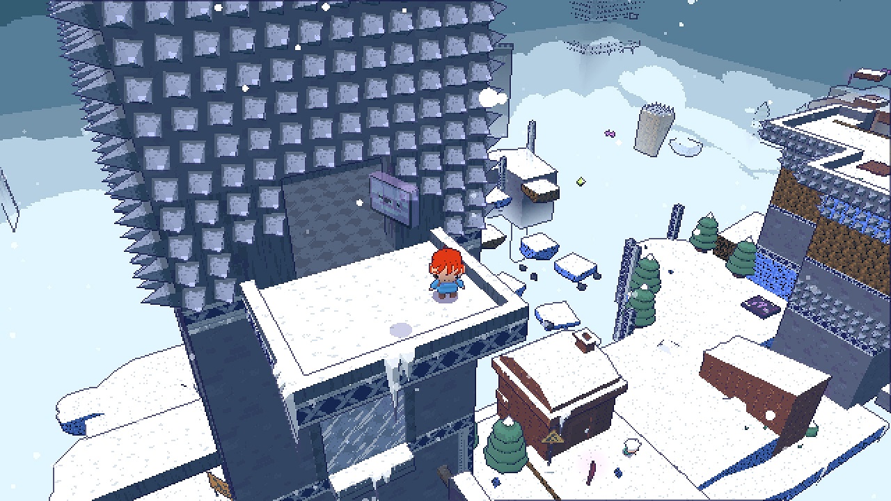 A screenshot of Celeste 64, showing the character standing on a high tower.