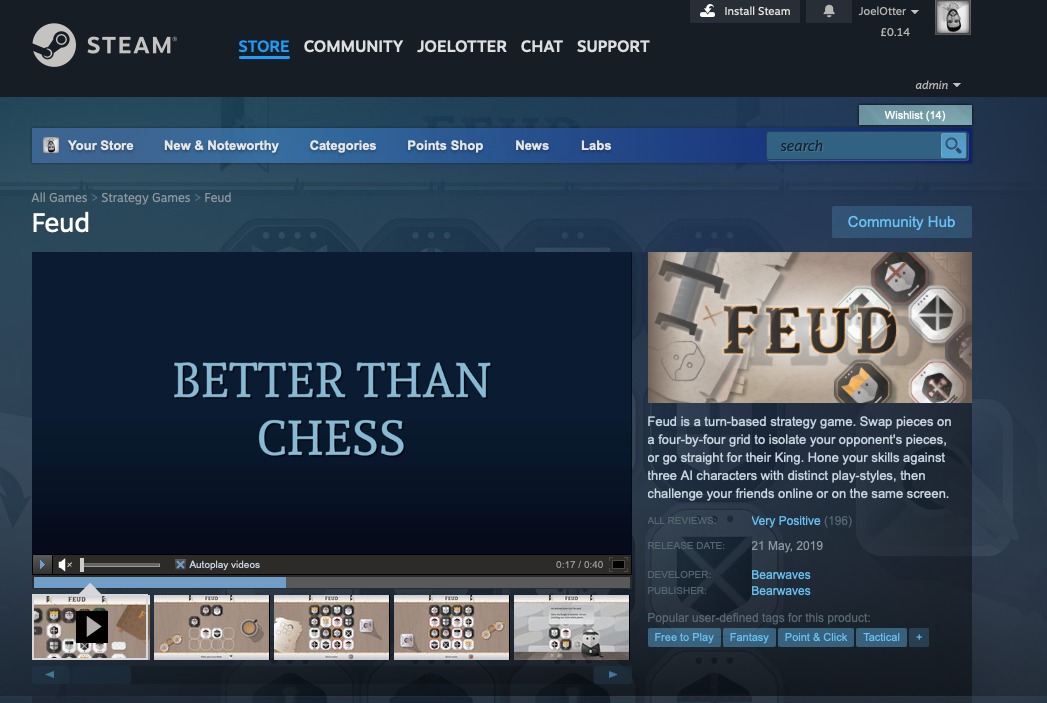 Our new Feud trailer on the store page. 'Better than Chess', it says.