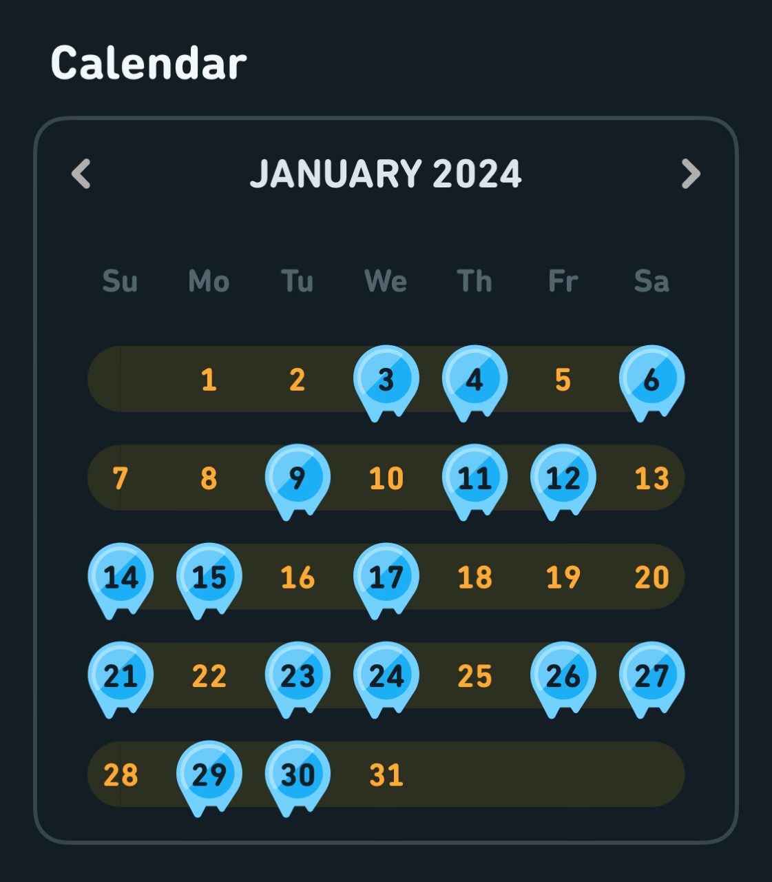 A screenshot of Duolingo showing a calendar with loads of streak freezes used
