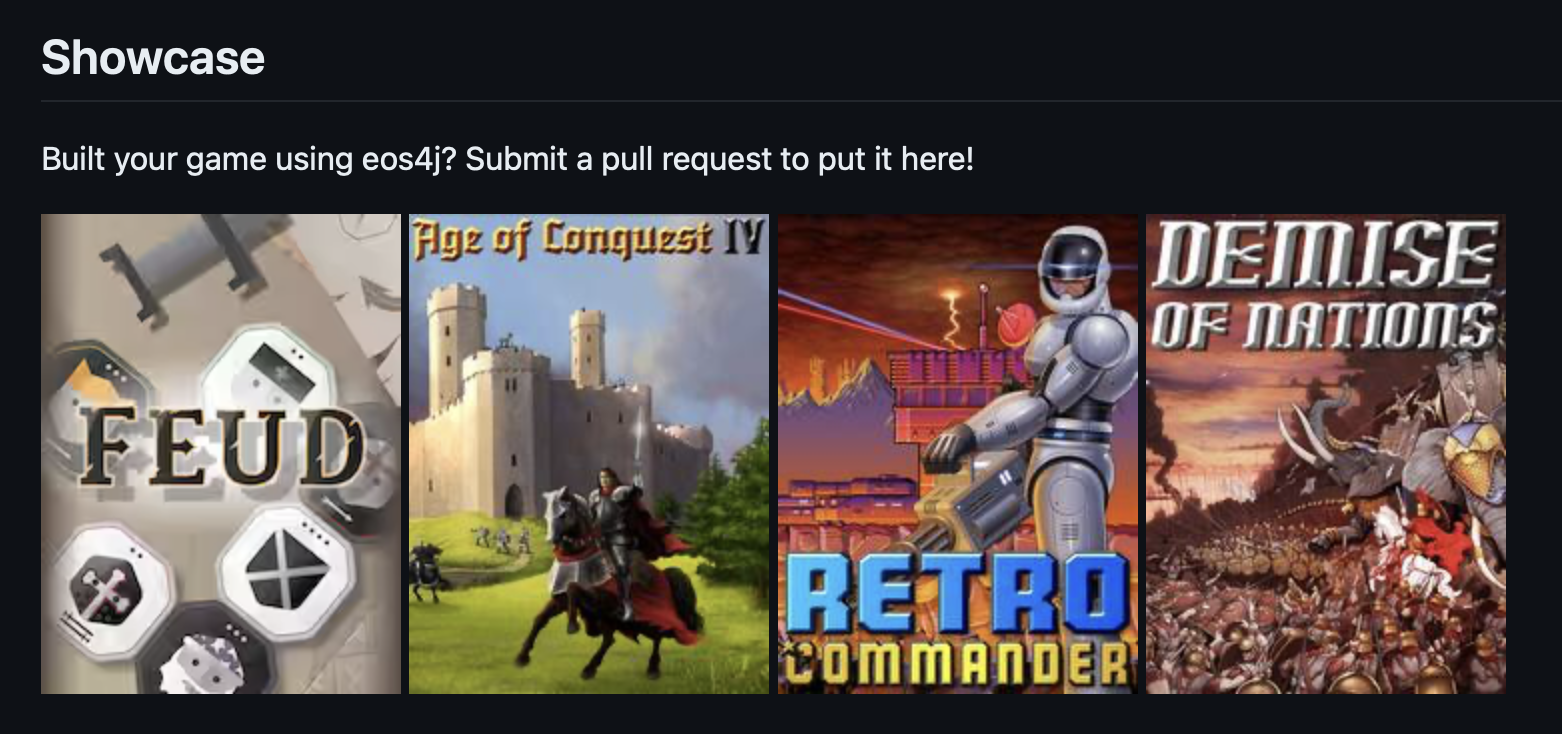 A screenshot of the Showcase section on the GitHub page for eos4j. There is box art for now four games - Feud, Age of Conquest IV, Retro Commander and Demise of Nations.