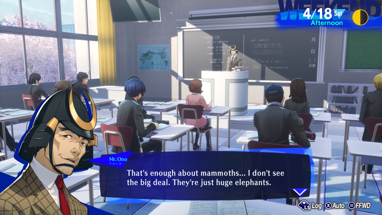 A screenshot from Persona 3. The text reads “that’s enough about mammoths. I don’t see the big deal. They’re just huge elephants”.