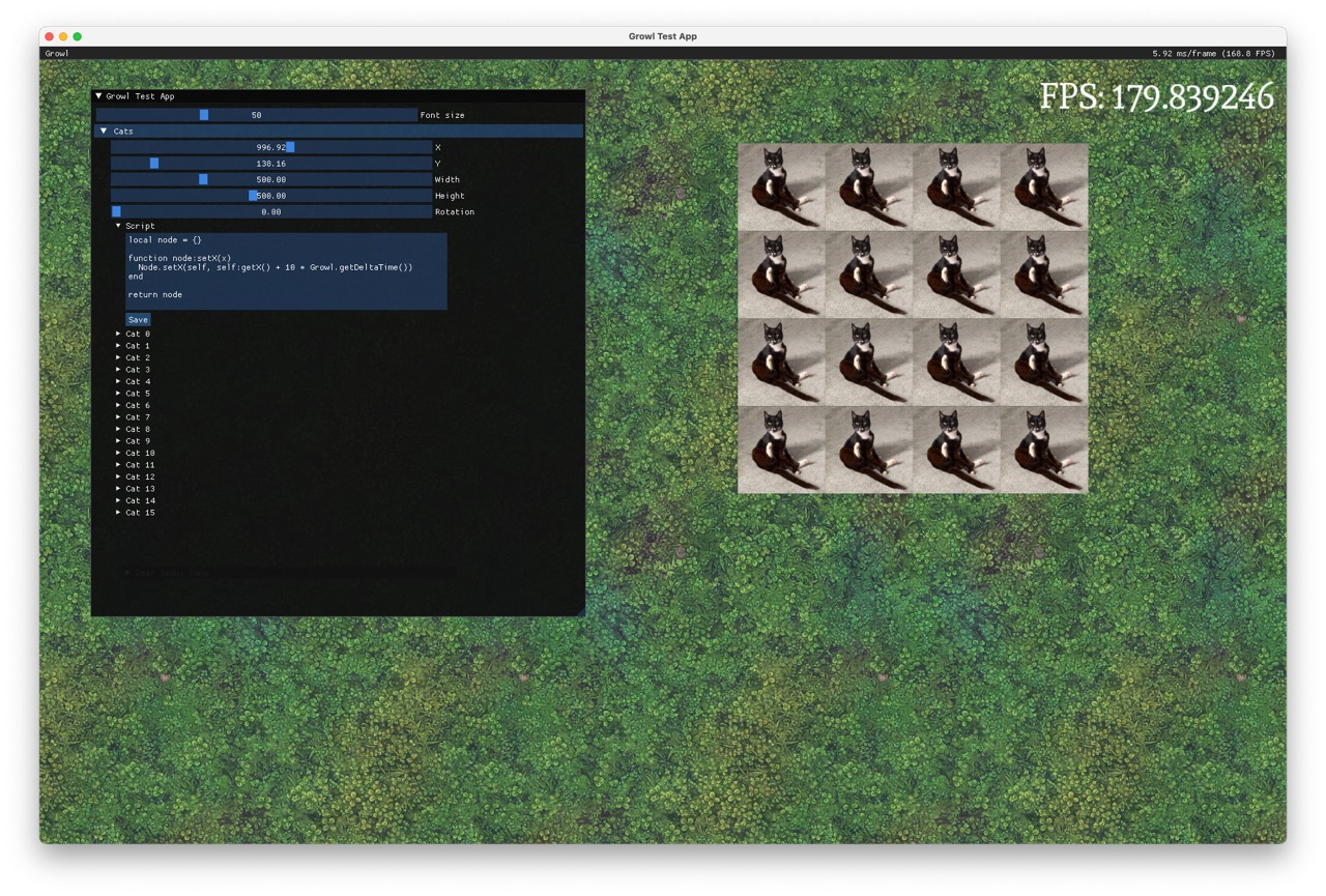 A screenshot of Growl's debug UI. There's some Lua code in a text editor, and some nice cats.