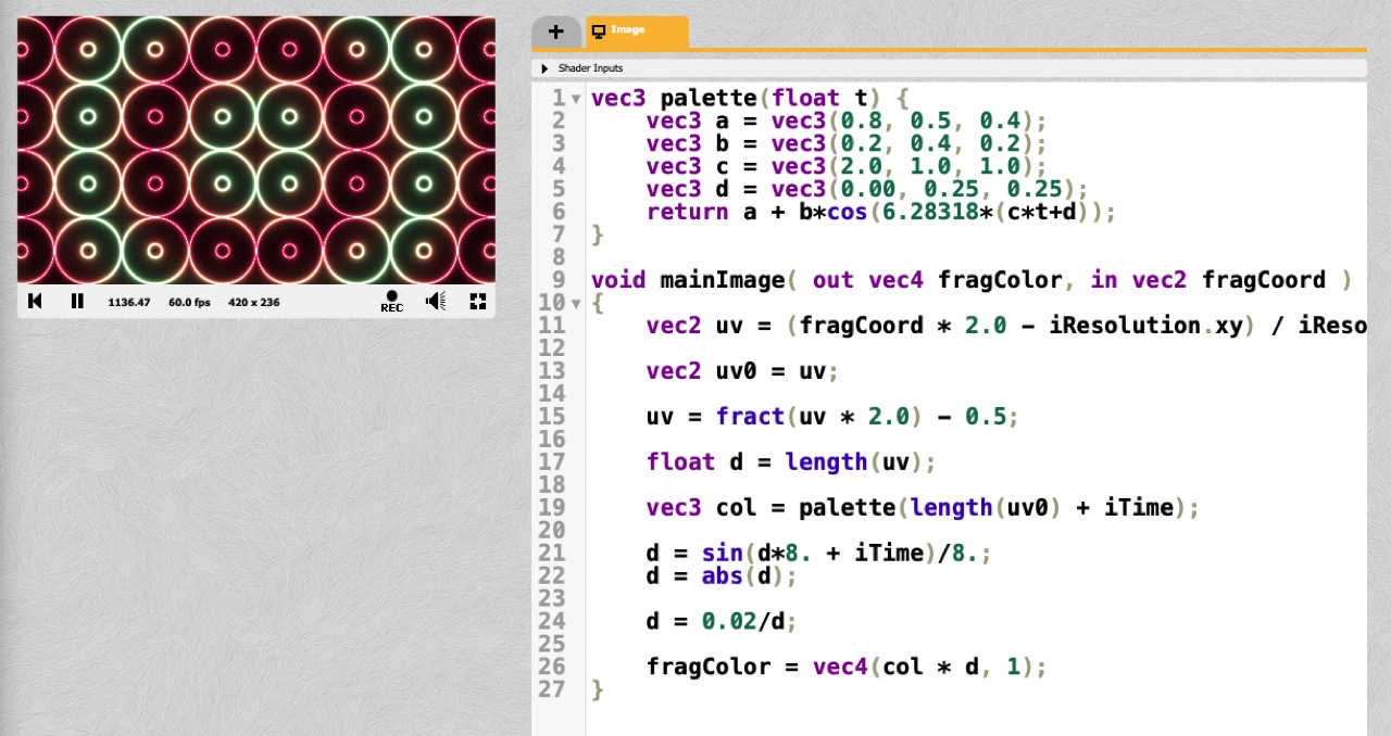A screenshot of shadertoy showing a very cool shader, wow