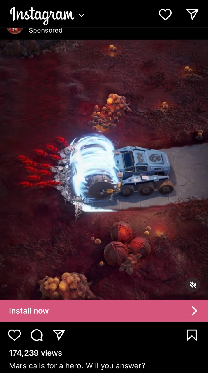 A screenshot from an Instagram ad showing a (probably fake) mobile game where some bugs are getting killed by a truck thing