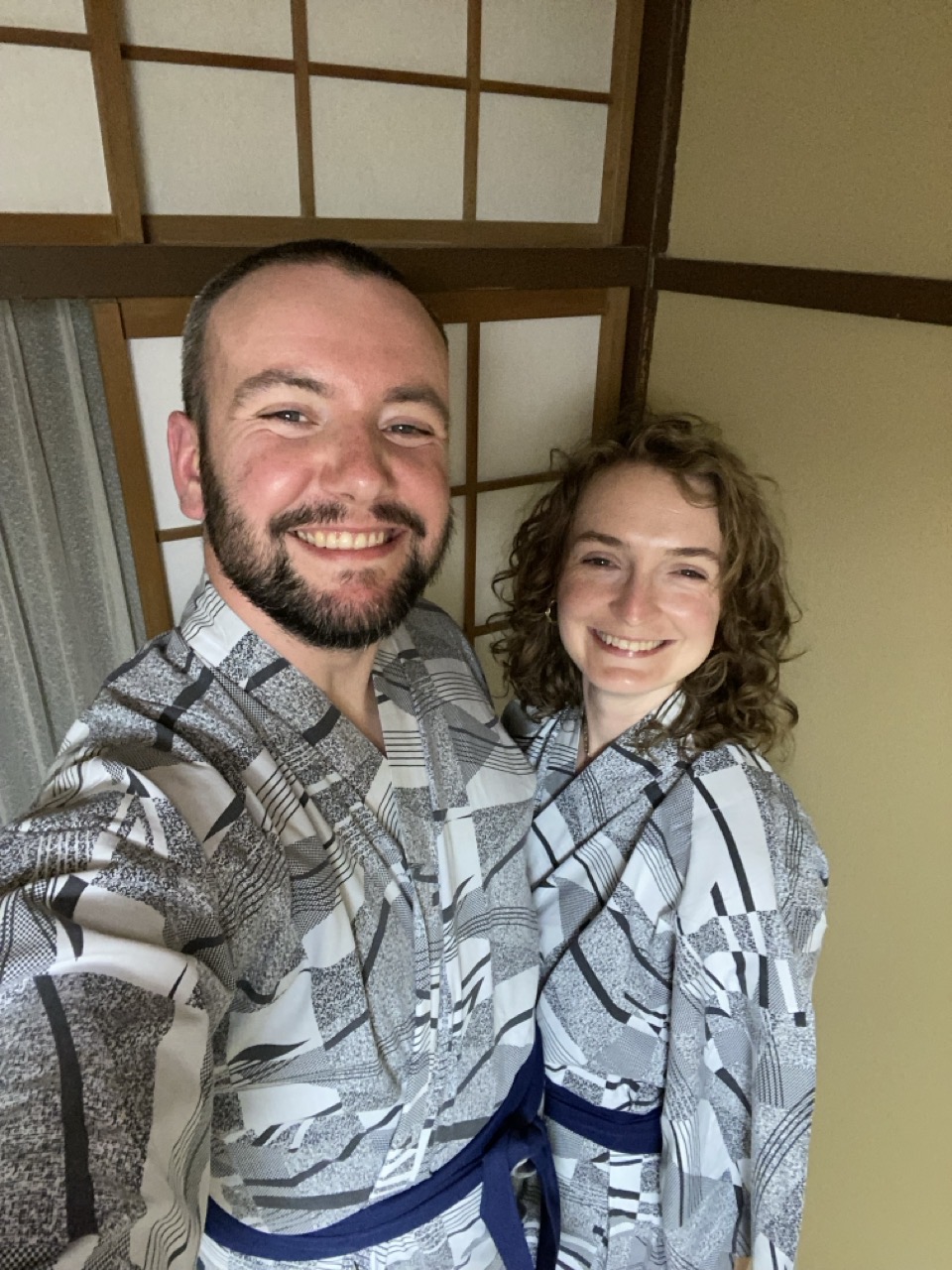 Lucy and me grinning in our grey and white yukata