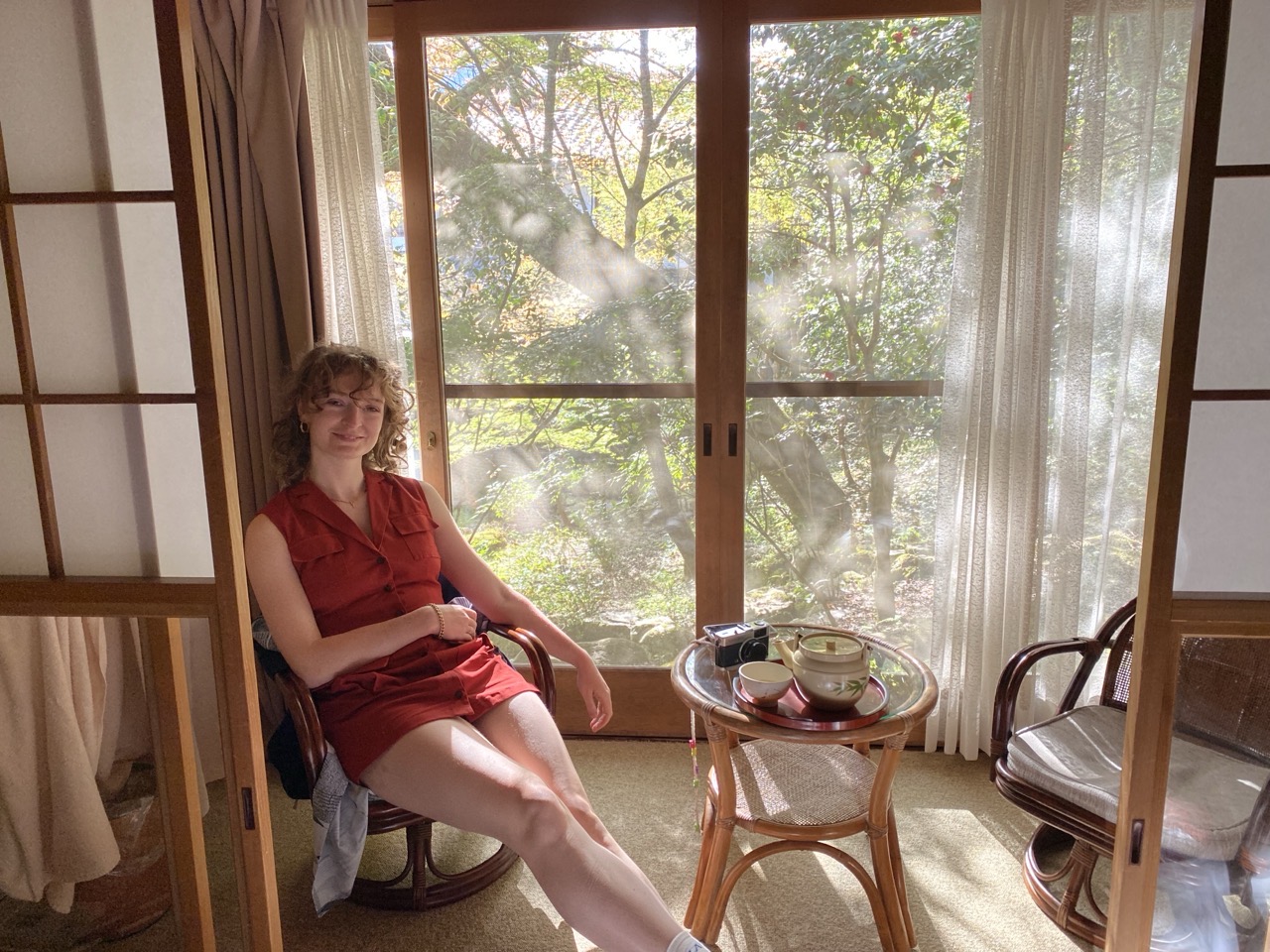 Lucy in the sunshine in the ryokan looking radiant as usual