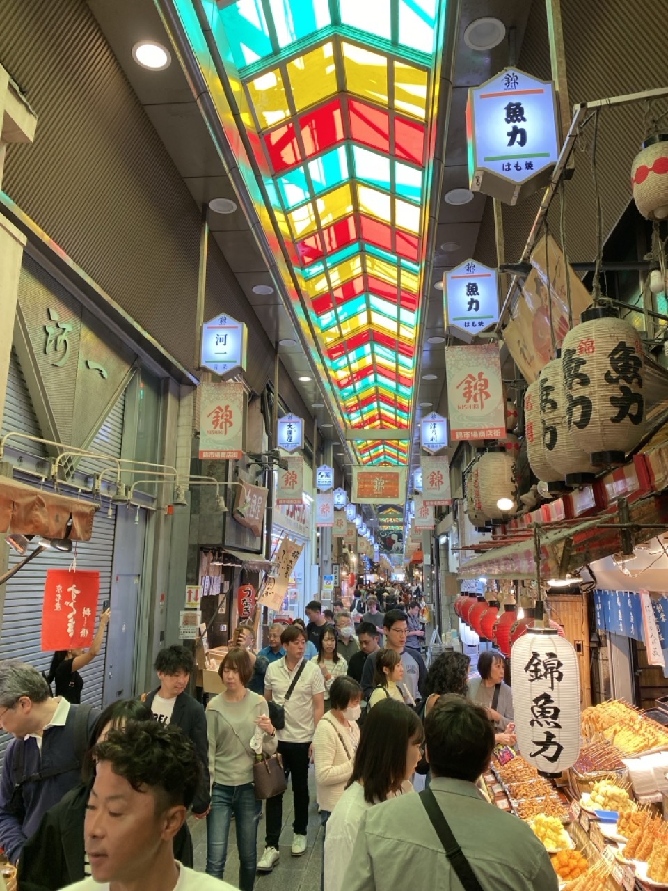 A view along Nishiki market with lots of people