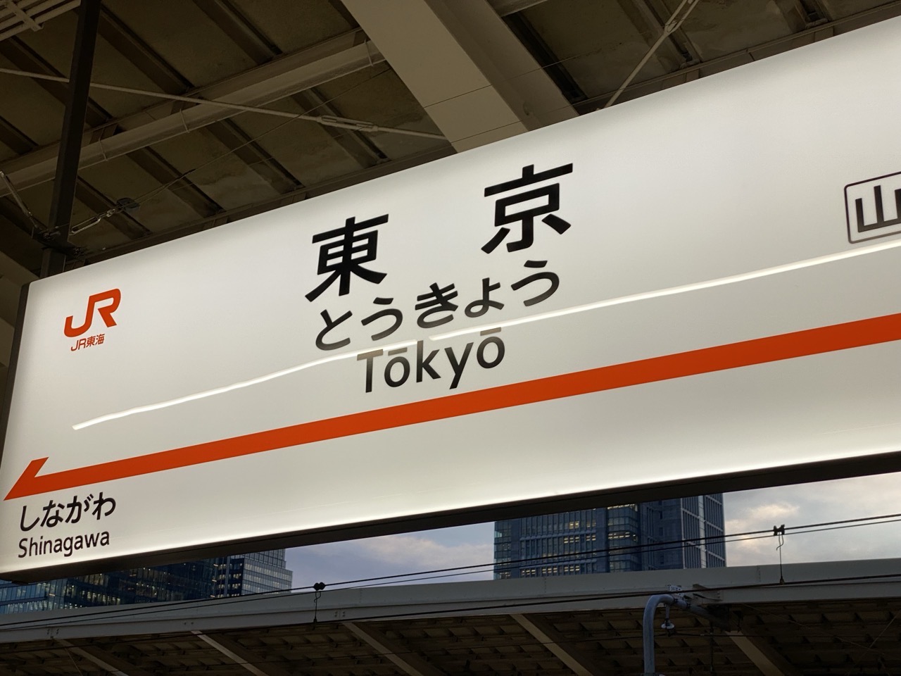 The sign for Tokyo at the train station. It says Tokyo in kanji, hiragana and Latin script