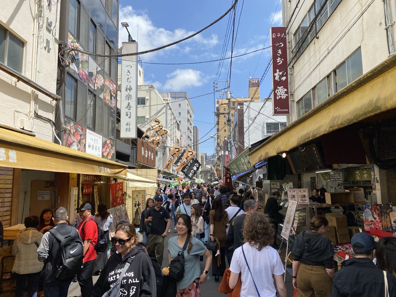 An image of Nishiki fish market, with lots of people. Lucy is in the foreground