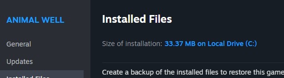 A screenshot of the Steam UI showing that Animal Well is 33MB on disk.
