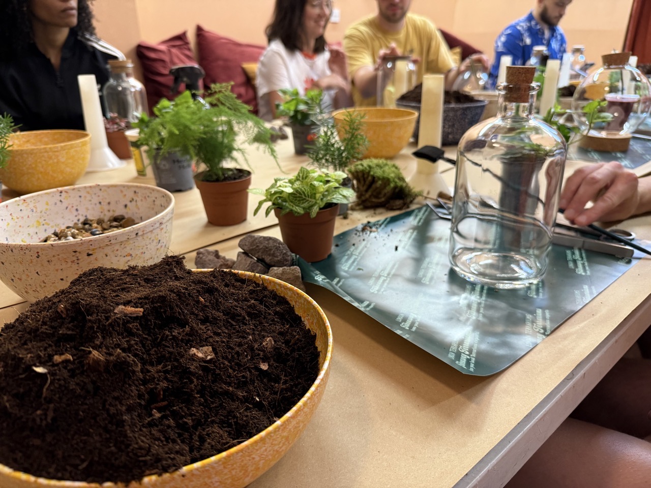 Loads of dirt and jars and stuff on a table