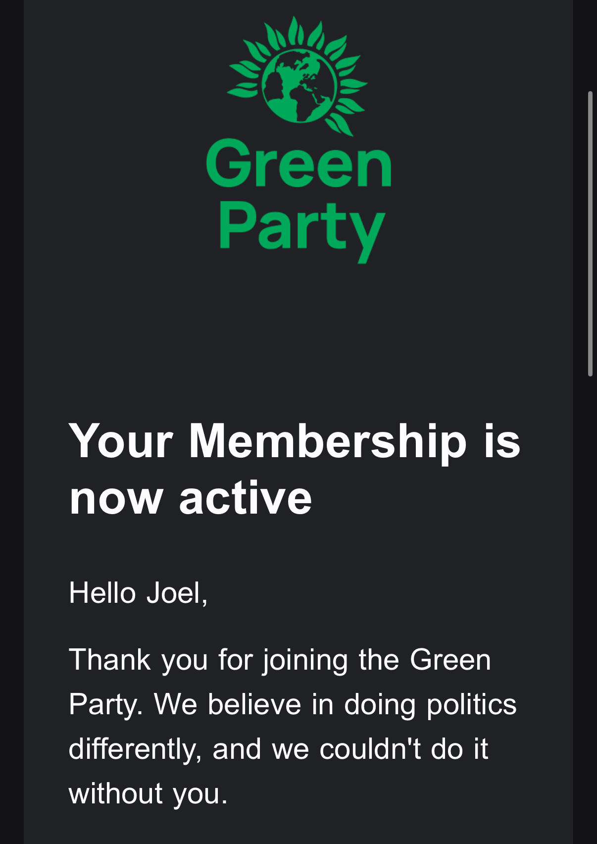 A screenshot of my joining email for the Green Party