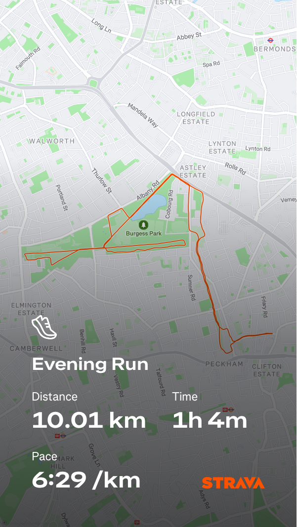 A Strava image showing a 10.01km run in 1h4.