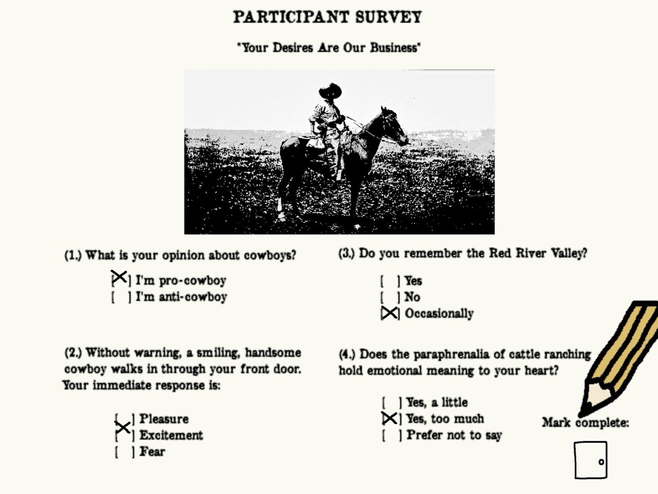 Screenshot from Anthology of the Killer showing participant survey about cowboys
