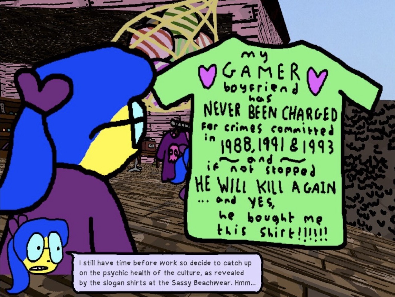 Screenshot from Anthology of the Killer showing gamer boyfriend shirt