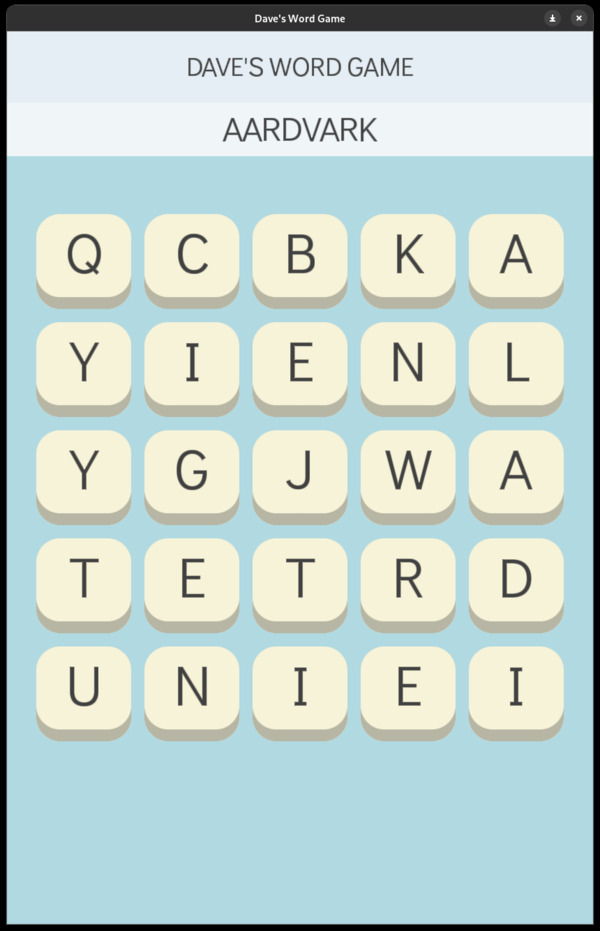 A very early screenshot of Dave’s Word Game