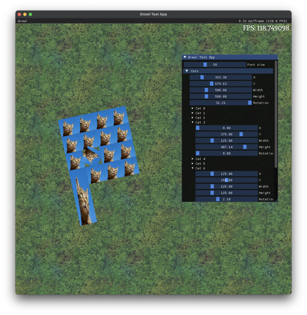 Screenshot of Growl showing cats and debug UI